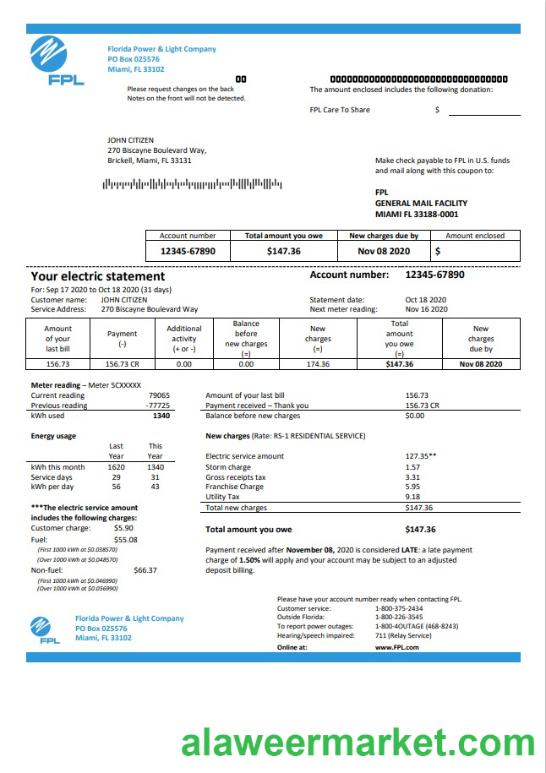 USA Florida Power & Light Company (FPL) electricity utility bill template in Word and PDF format